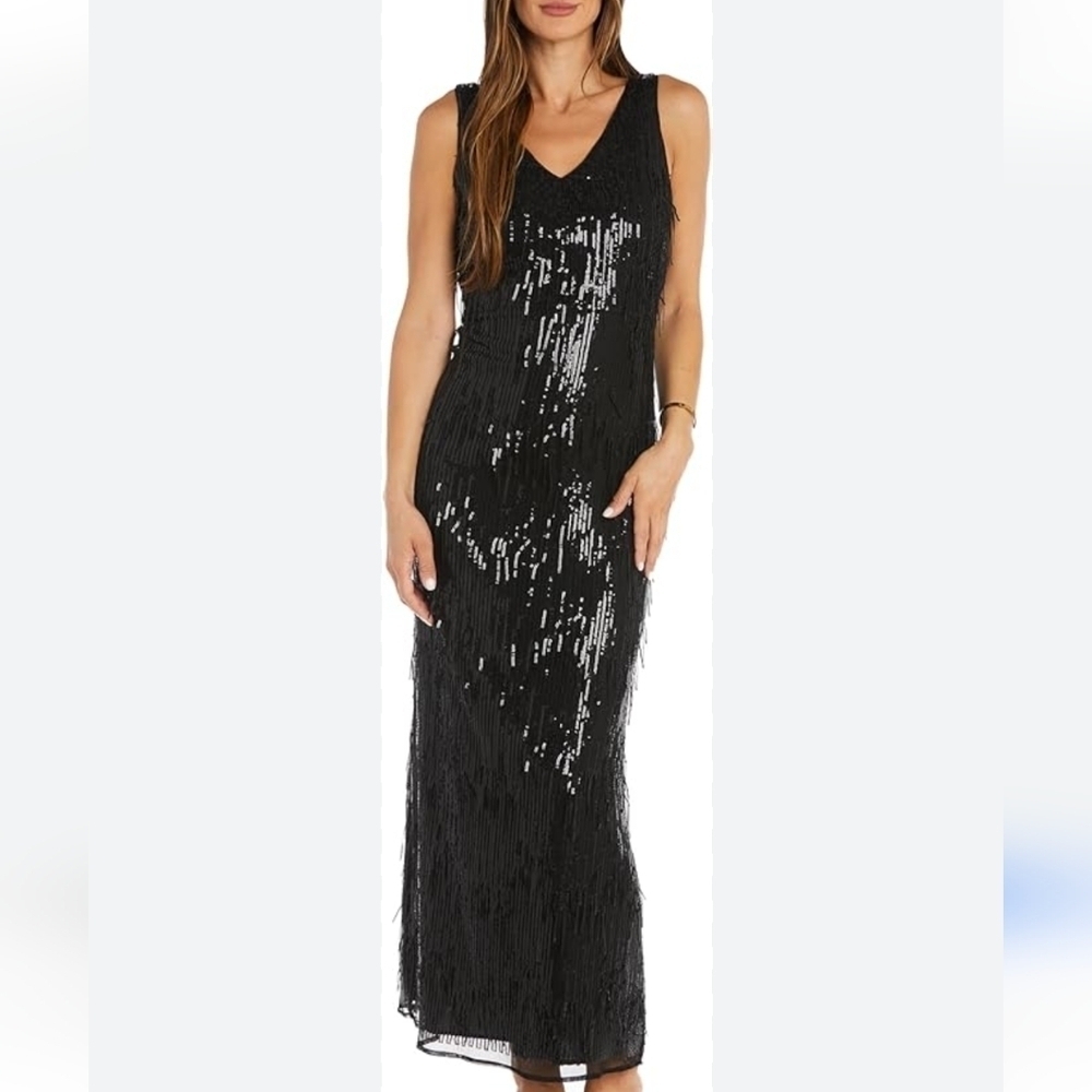 R&M Richards Fringe Sequined Cocktail Dress Black Maxi Size 8 New